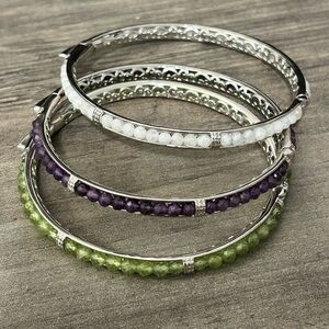 Lot of 3 STS Karis Hinged Bracelets!! #G46 Purple green white silver tone size 8